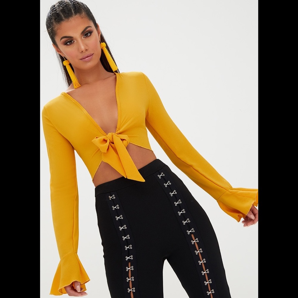 Pretttlittlethings Mustard Tie Front Bell Crop